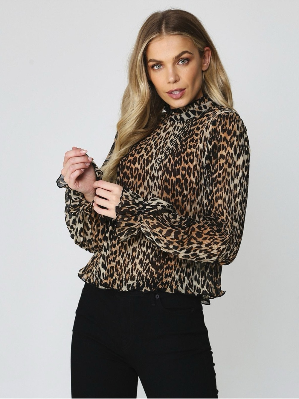 Ganni Pleated Leopard Print Georgette Blouse